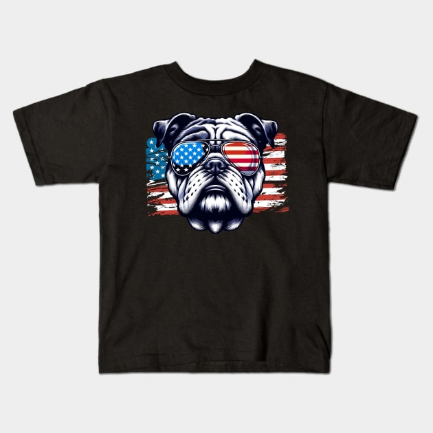 Bulldog Patriotic Sunglasess American Flag 4th of July Kids T-Shirt by karishmamakeia